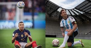 Montagem de fotos de Kylian Mbappé e Lionel Messi