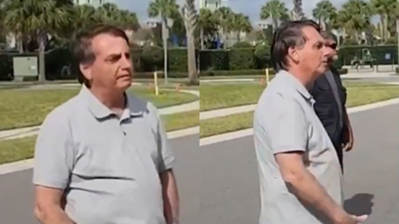 Montagem de fotos de Jair Bolsonaro de camisa cinza, falando