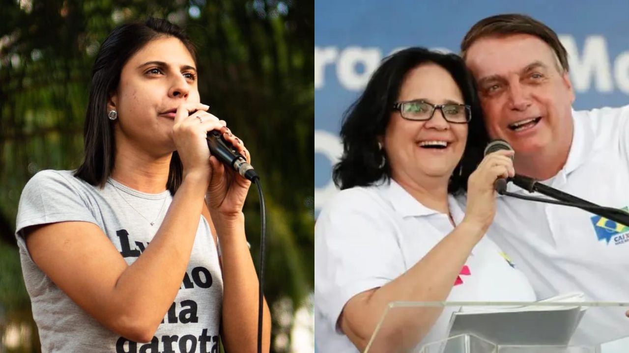 Montagem de fotos de Camila Jara e de Bolsonaro com Damares