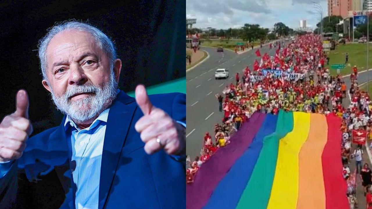 Montagem de fotos de Lula e pessoas na fila em Brasília
