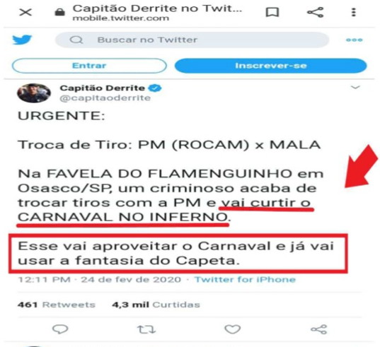 Reprodução do tweet feito pelo Capitão Guilherme Derrite em 24/2/2020
