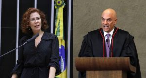 Montagem de fotos de Carla Zambelli e Alexandre de Moraes