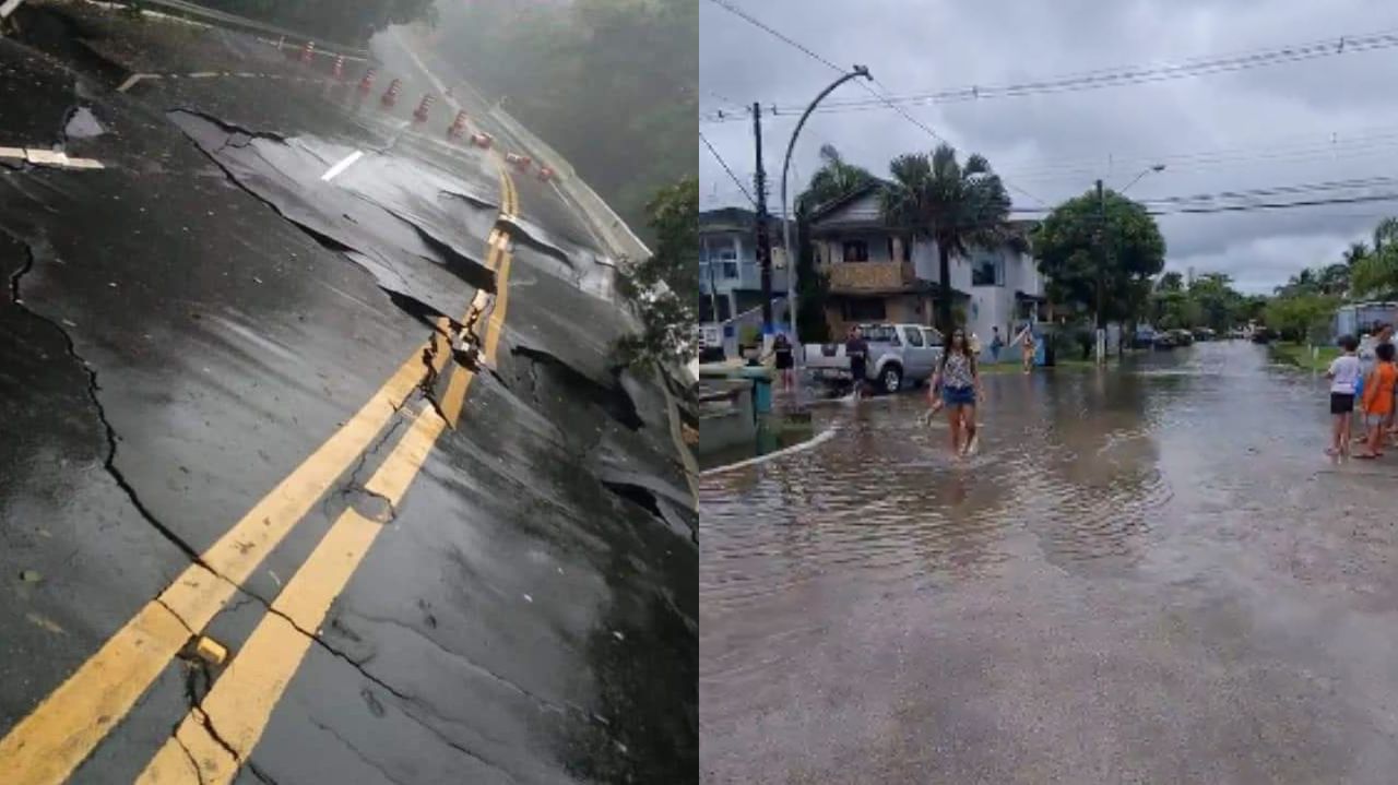 Montagem de fotos de Bertioga após as chuvas