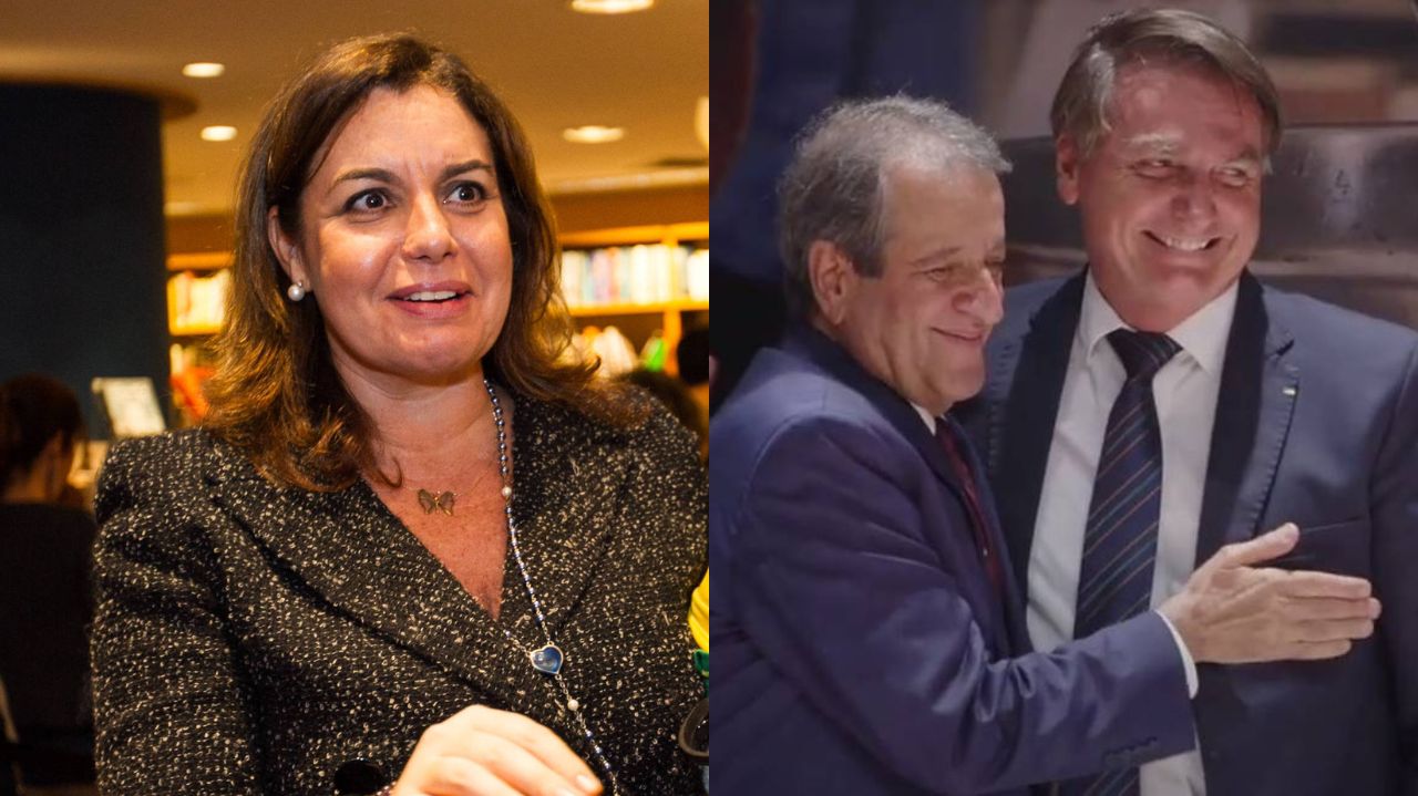 Montagem de fotos de Maria Christina Mendes Caldeira e Valdemar com Bolsonaro