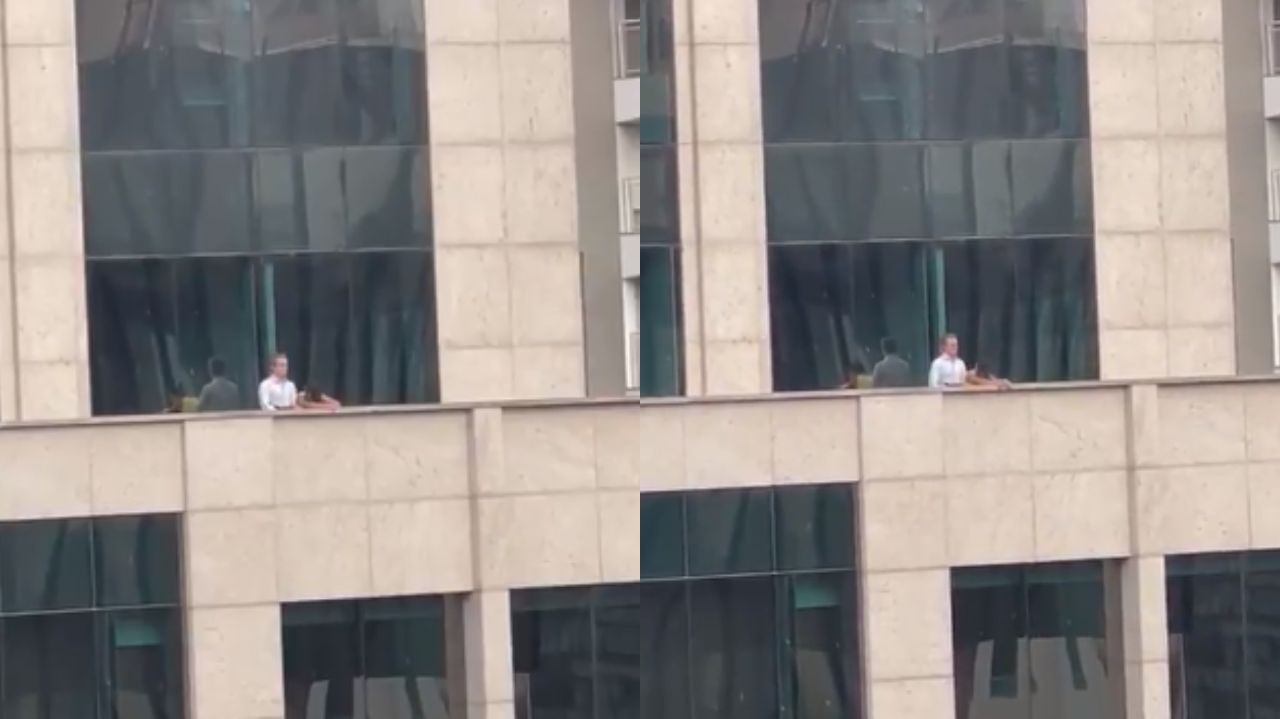 Montagem de fotos de casal fazendo sexo em terraço de prédio