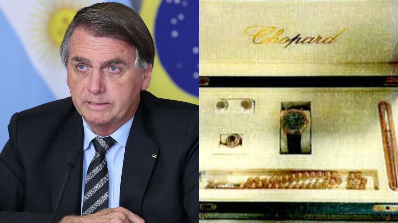 Montagem de fotos de Jair Bolsonaro e conjunto de joias