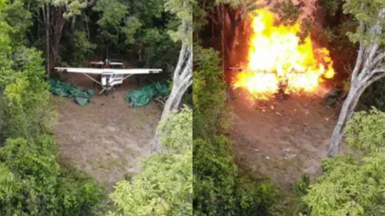 Montagem de fotos de antes e depois de avião de garimpeiros