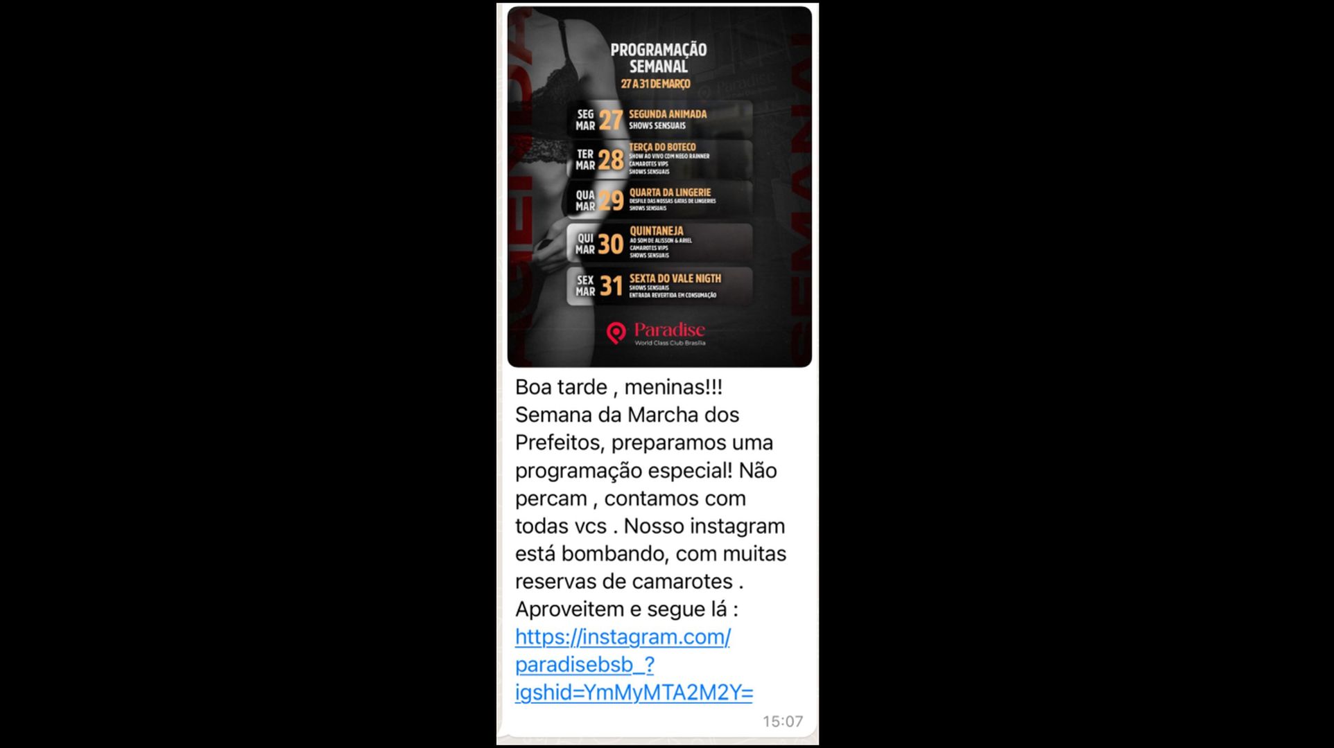 Mensagem da boate Paradise para as garotas de programa