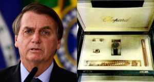 Montagem de fotos de Jair Bolsonaro e conjunto de joias