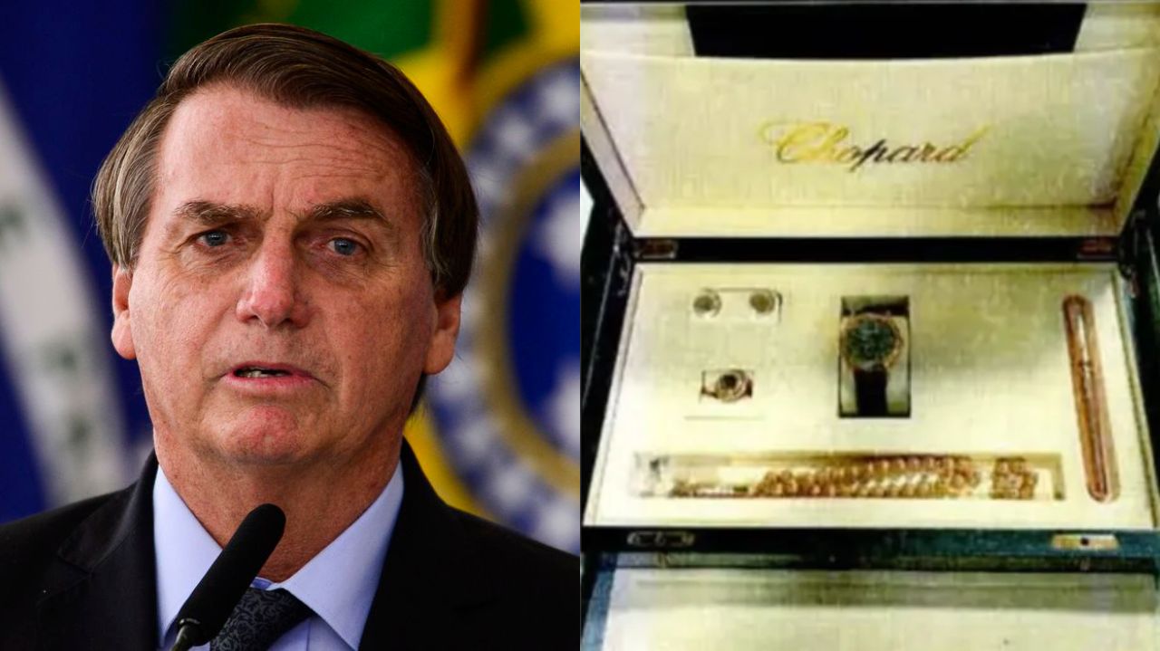 Montagem de fotos de Jair Bolsonaro e conjunto de joias