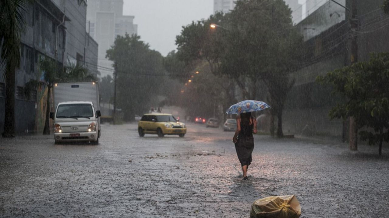 Rua de São Paulo enchendo em dia de chuva