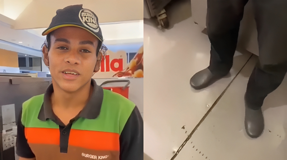 Montagem de fotos do vídeo de funcionário do Burger King que urinou na roupa