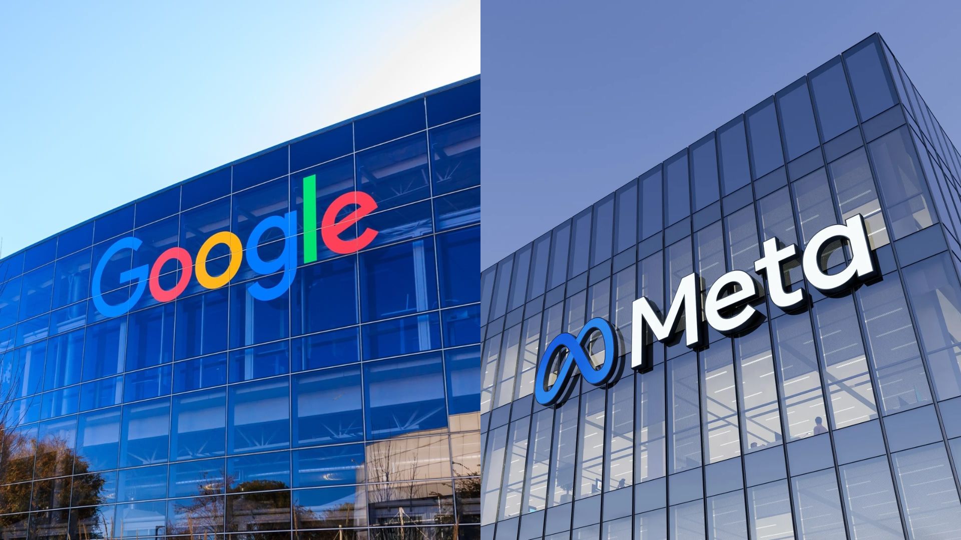 Montagem de fotos das fachadas do Google e da Meta