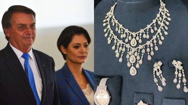 Montagem de fotos de Jair Bolsonaro e Michelle com joias