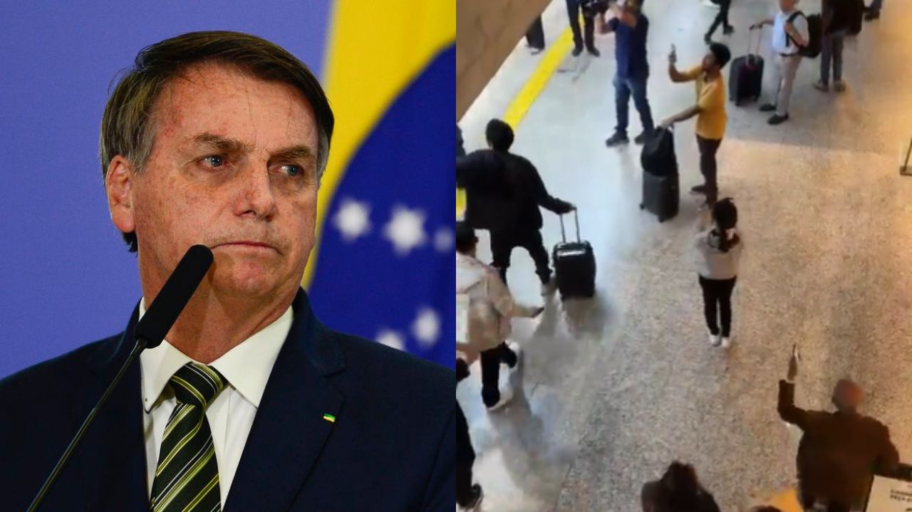Montagem de fotos de Jair Bolsonaro e lulistas em aeroporto