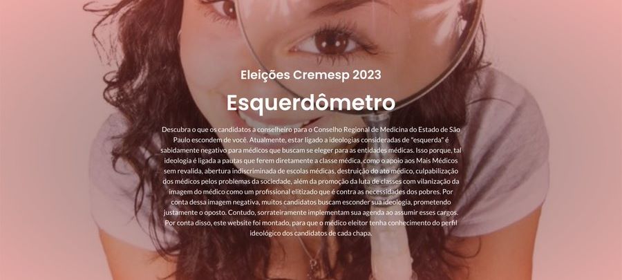 Texto em site cujo plano de fundo é mulher sorrindo com lupa