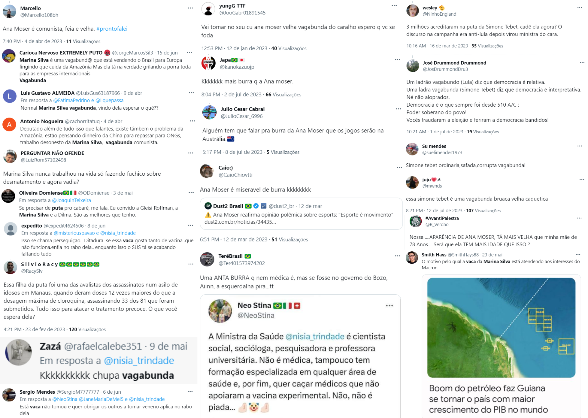Comentários misóginos contra ministras no Twitter. Fotomontagem/DCM