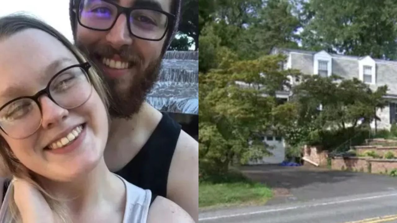Montagem de fotos de Kayelee Gates e Christian Capraro e casa em Maryland