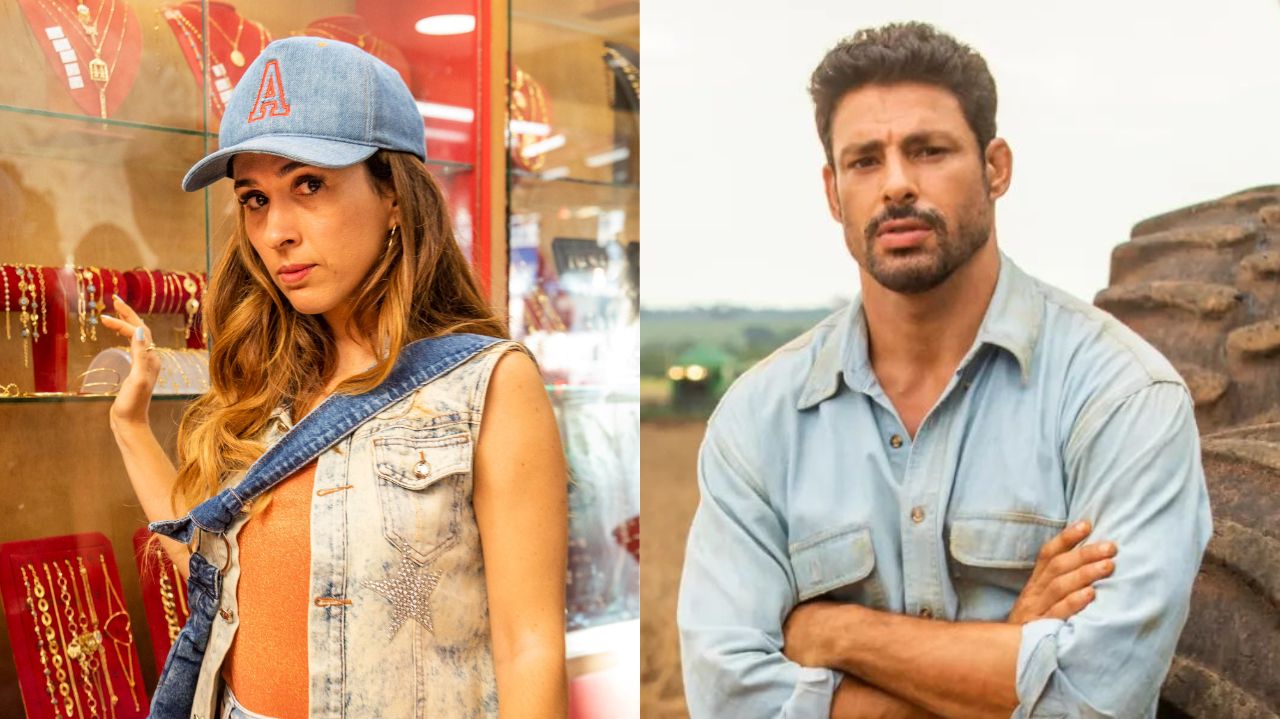 Montagem de fotos de Tatá Werneck e Cauã Reymond como Anely e Caio
