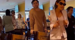 Montagem de fotos de Michelle Bolsonaro e Agustin Fernandez em restaurante