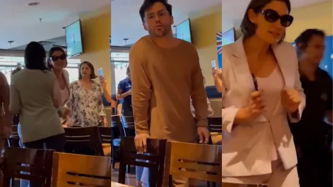 Montagem de fotos de Michelle Bolsonaro e Agustin Fernandez em restaurante