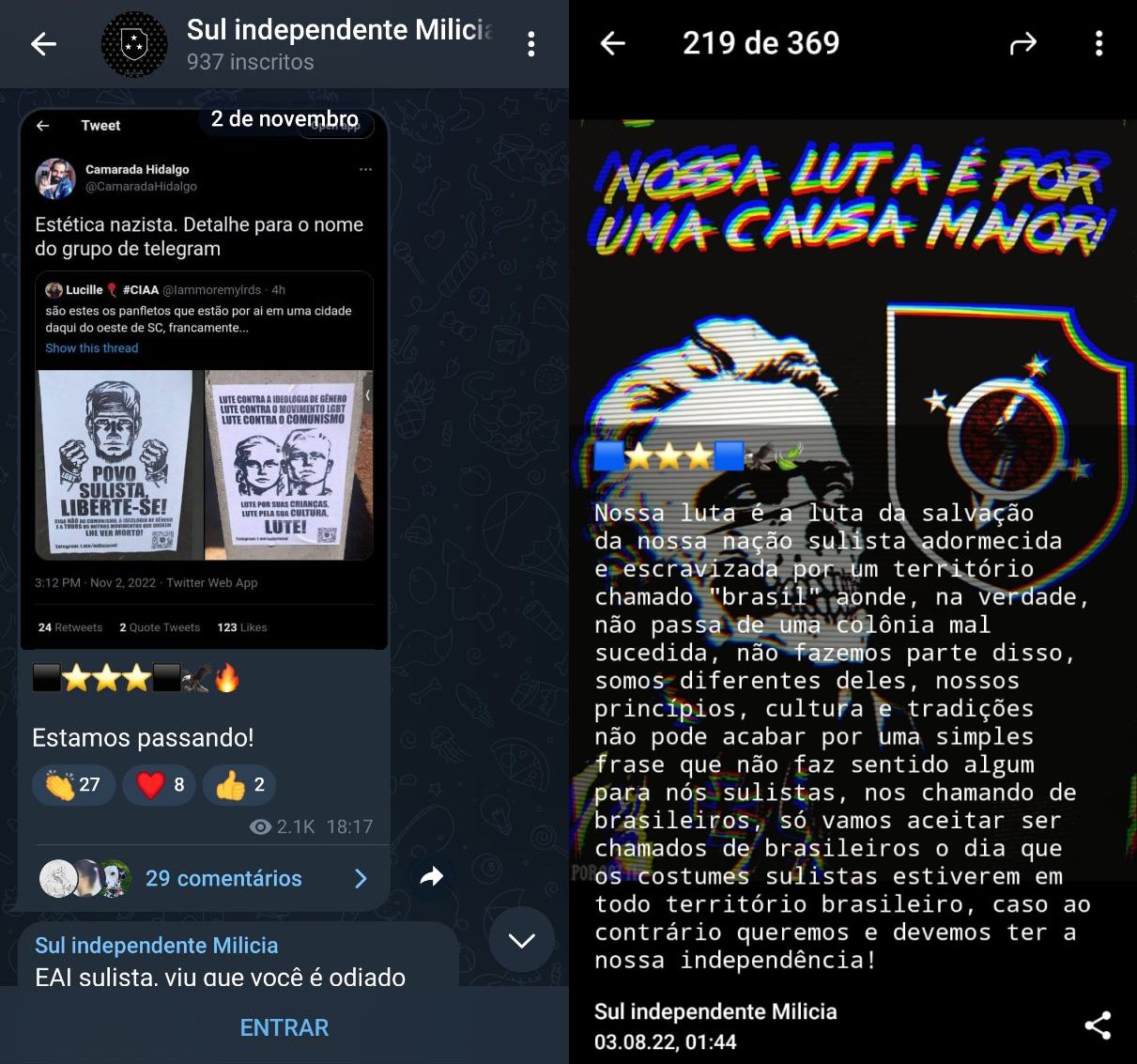 Mensagens do Sul Independente Milícia obtidas pelo DCM