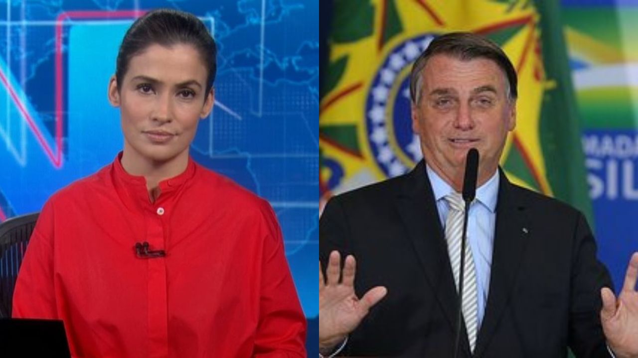 Montagem de fotos de Renata Vasconcellos e Jair Bolsonaro