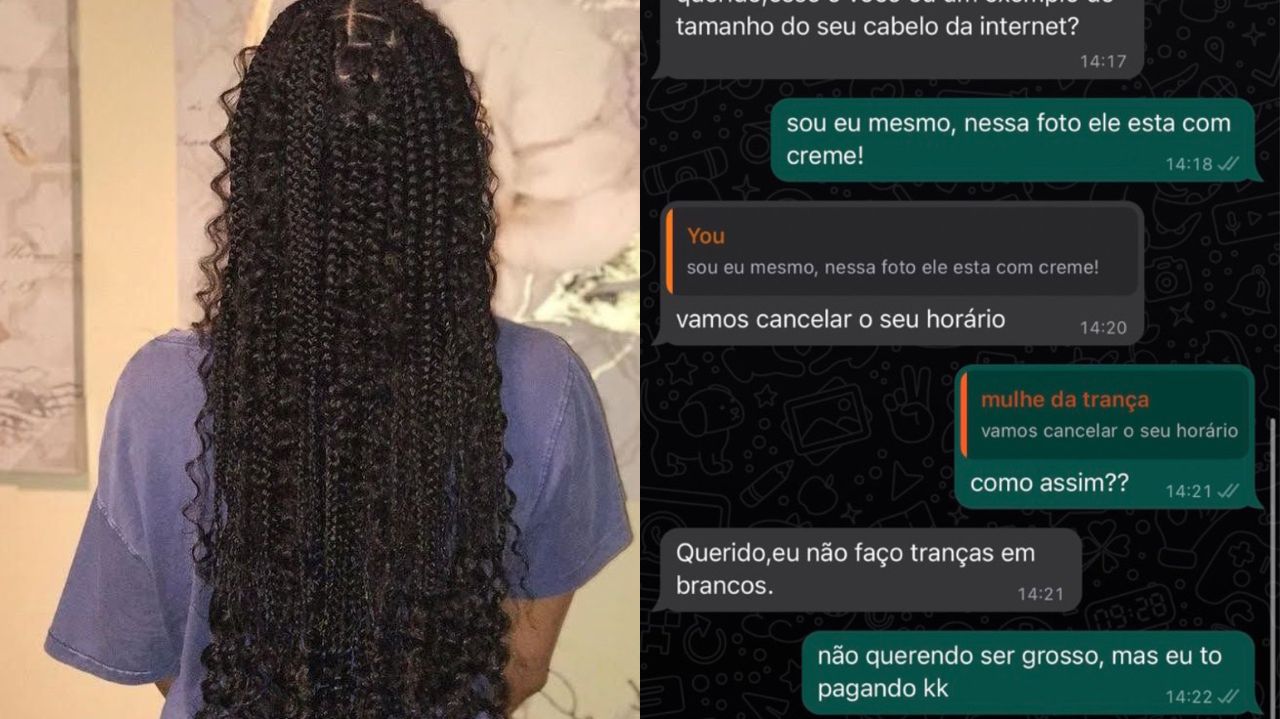 Montagem de fotos de cliente de cabelo solto de costas e print de conversa