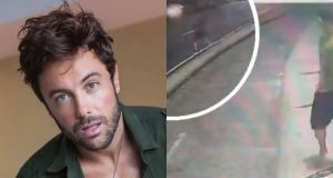 Montagem de fotos de Kayky Brito em ensaio e em câmera de segurança atravessando rua