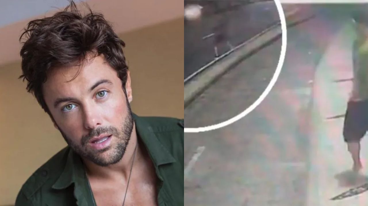 Montagem de fotos de Kayky Brito em ensaio e em câmera de segurança atravessando rua