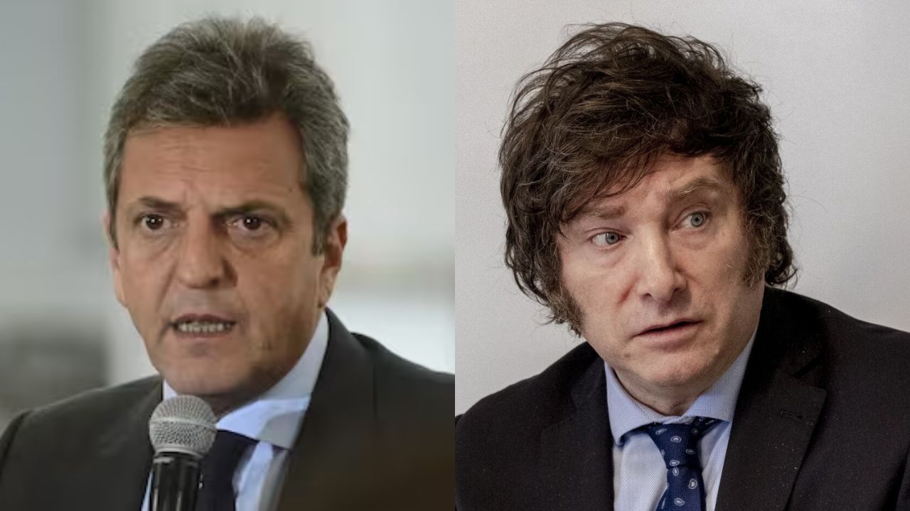 Montagem de fotos de Sergio Massa e Javier Milei