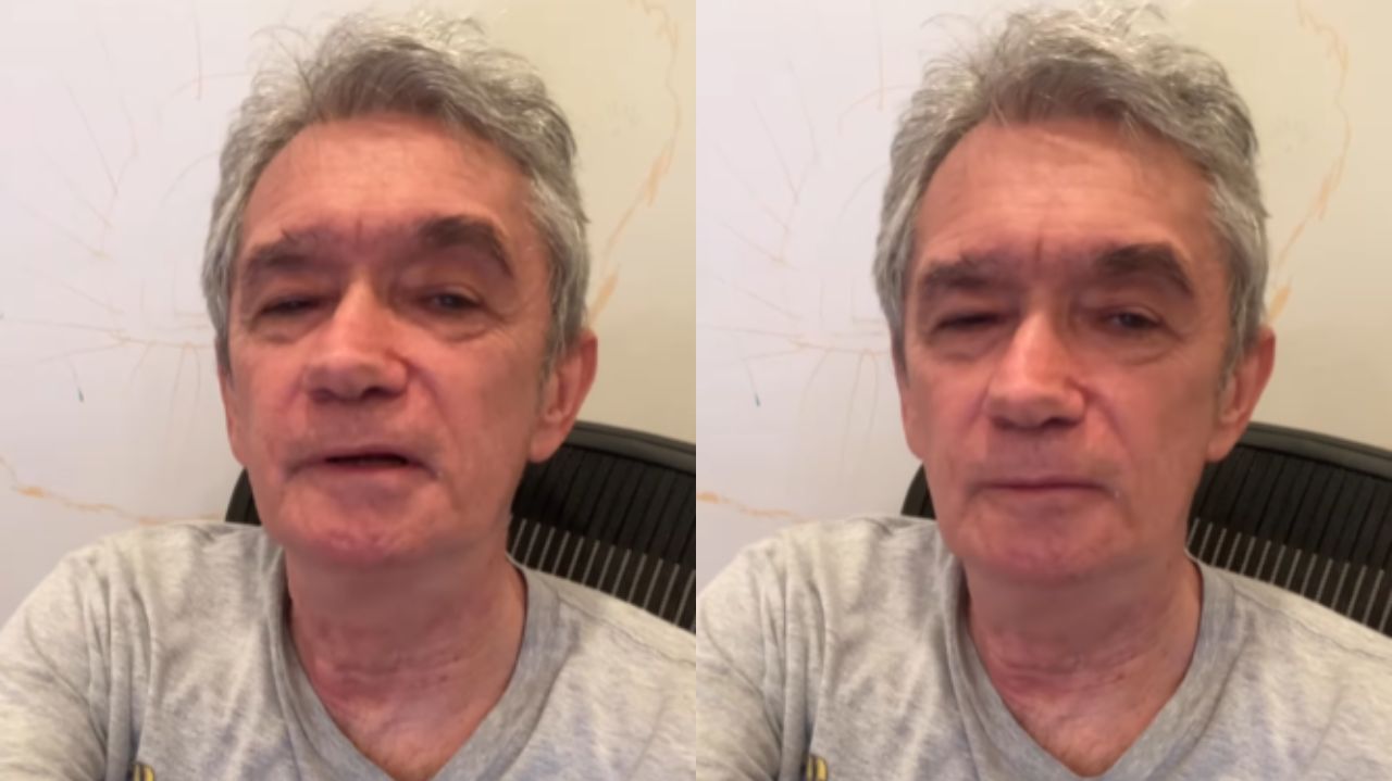 Montagem de fotos de Serginho Groisman falando para a câmera vestindo camiseta cinza