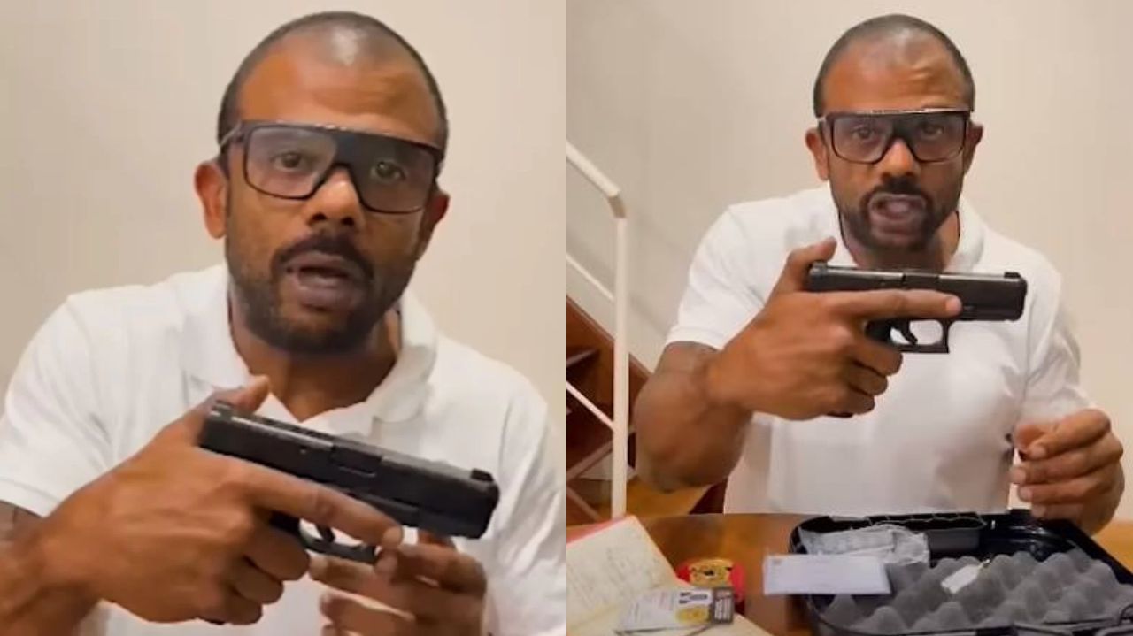 Montagem de fotos de Delegado da Cunha com arma