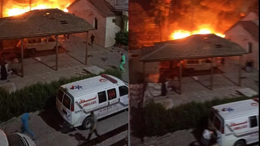 Montagem de duas fotos de hospital em Gaza após ataque