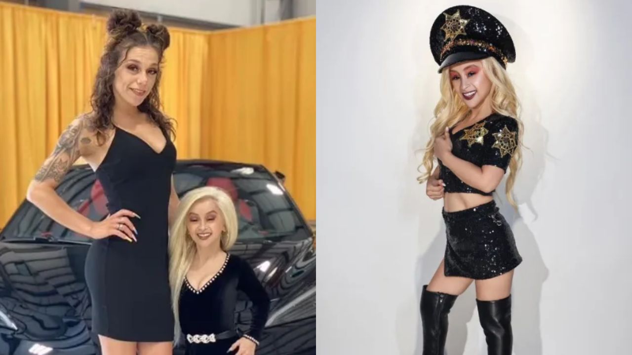 Montagem de fotos de Tiny Tixie sozinha e com Anastasia Groves