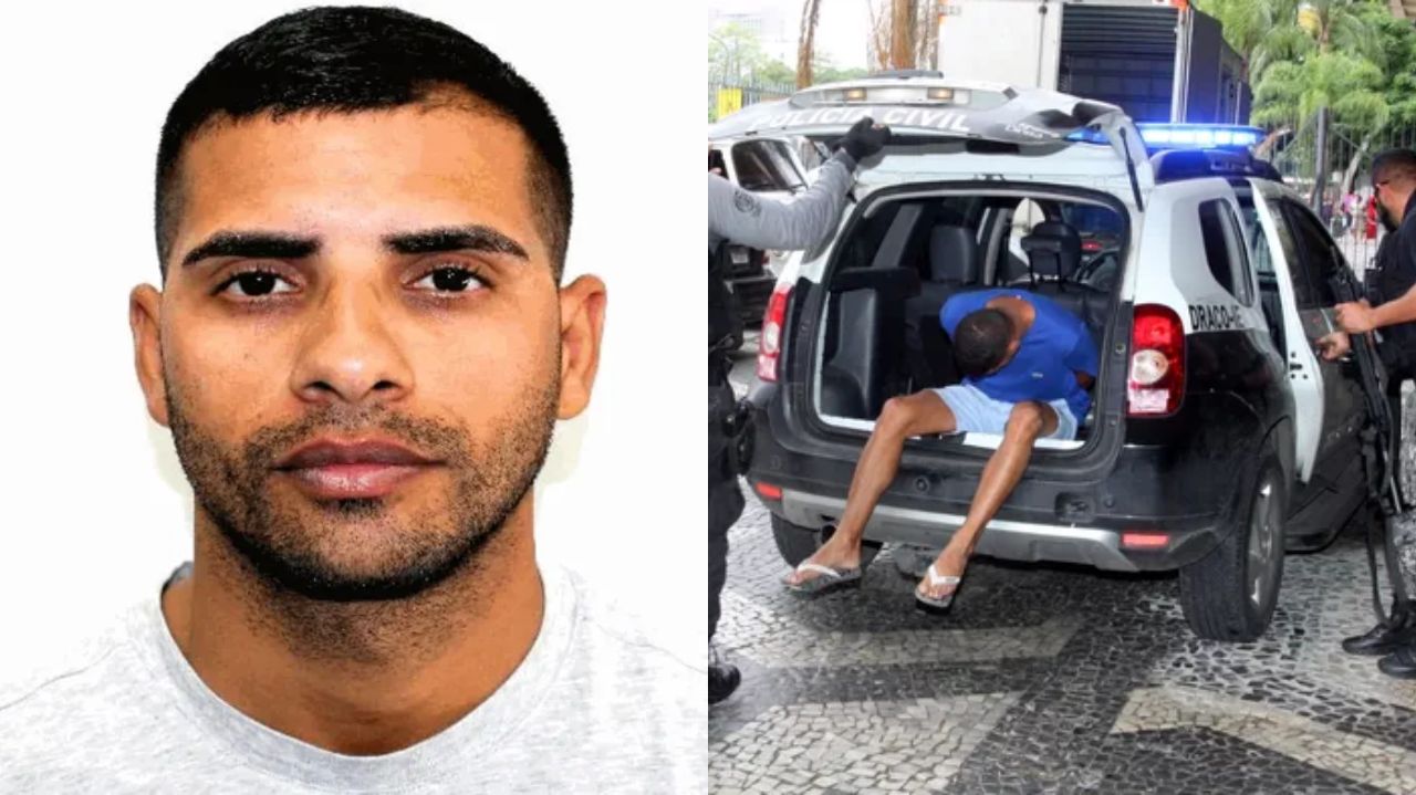 Montagem de fotos de Pipito posando e em carro da polícia