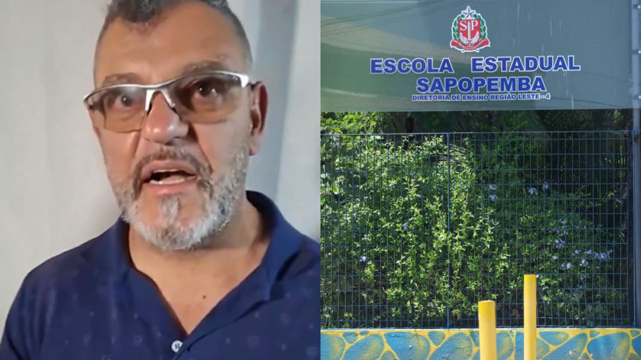 Montagem de fotos de Marcos Tuci e fachada de escola