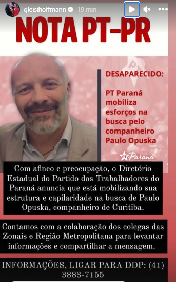 Post de Gleisi Hoffmann sobre desaparecimento de Paulo Opuszka