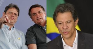 Montagem de fotos de Tarcísio com Bolsonaro e Fernando Haddad sozinho