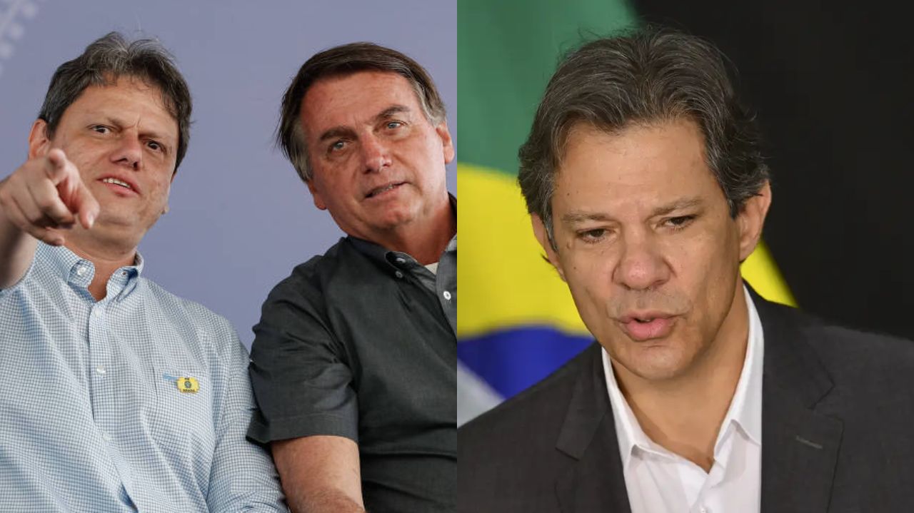 Montagem de fotos de Tarcísio com Bolsonaro e Fernando Haddad sozinho