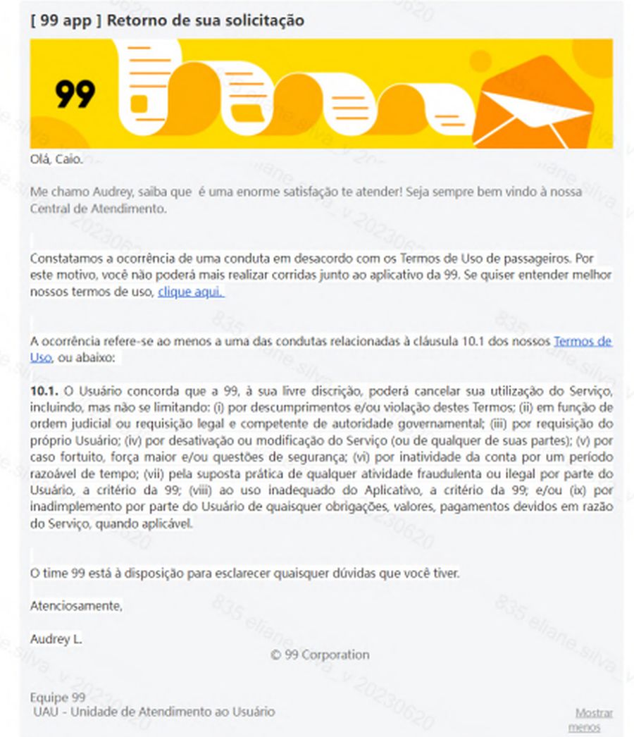 O banimento de Caio Mantese executado pela 99. Foto: Reprodução