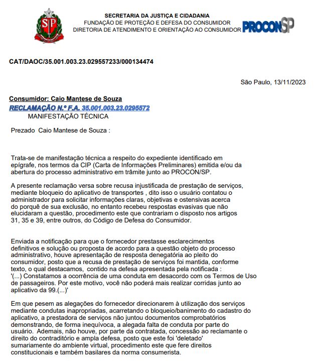 Manifestação final do Procon, orientando Caio Mantese a buscar a Justiça. Foto: Reprodução