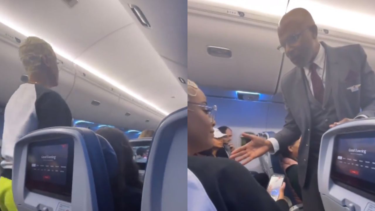 Montagem de cantora gospel em avião com comissário de bordo