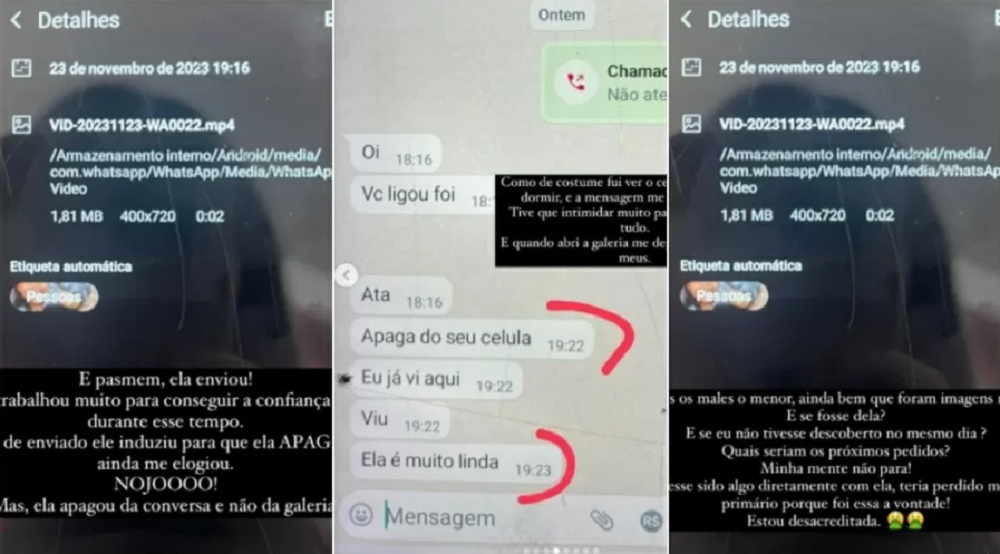 Montagem de três capturas de tela de mensagens