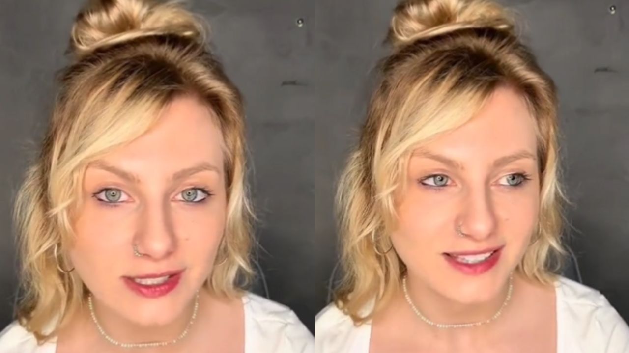 Montagem de fotos de Lea Maria Jahn falando para a câmera