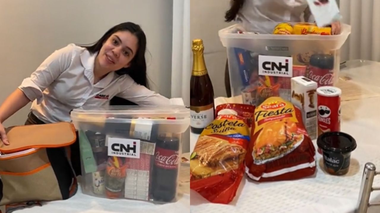 Montagem de fotos de jovem abrindo cesta de fim de ano