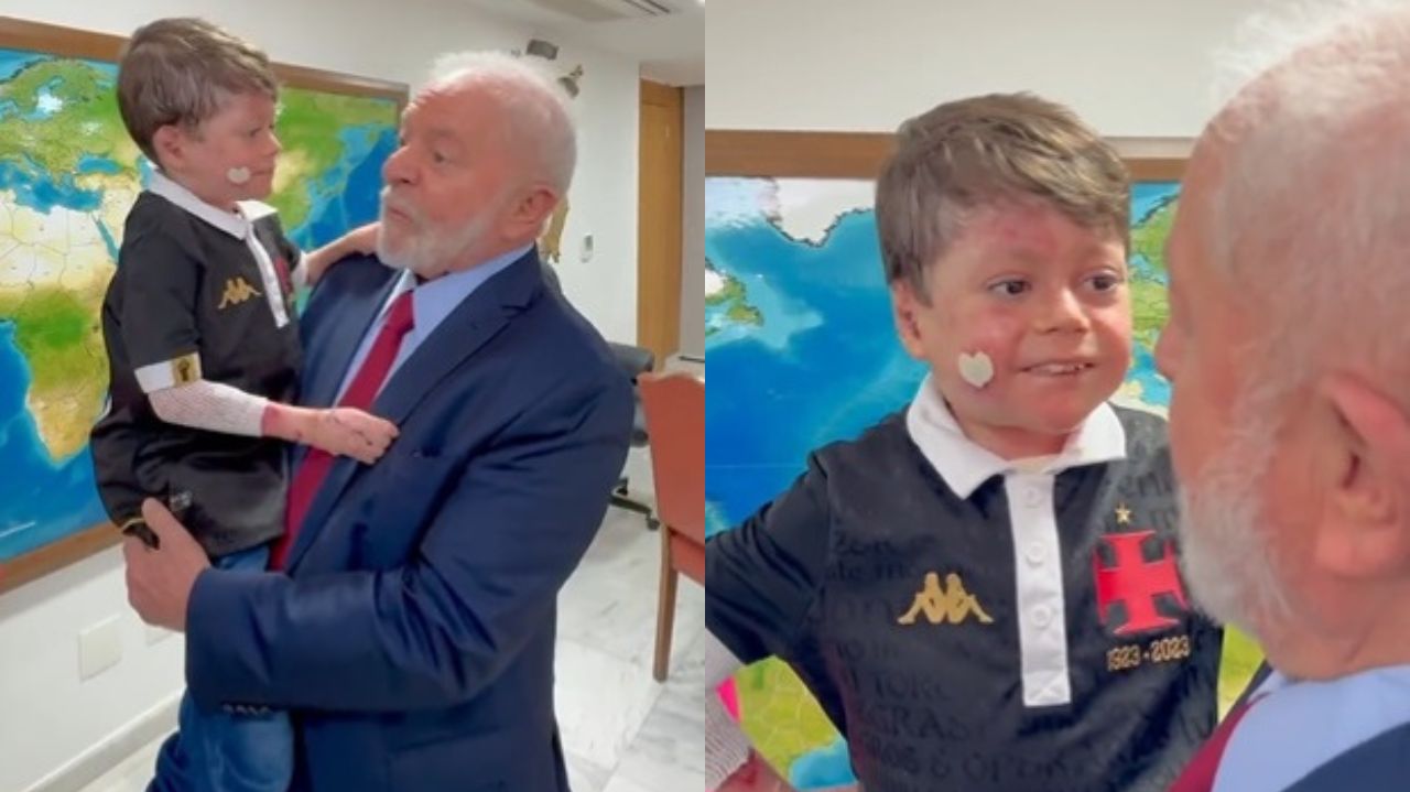 Montagem de fotos de Lula com menino Gui no colo