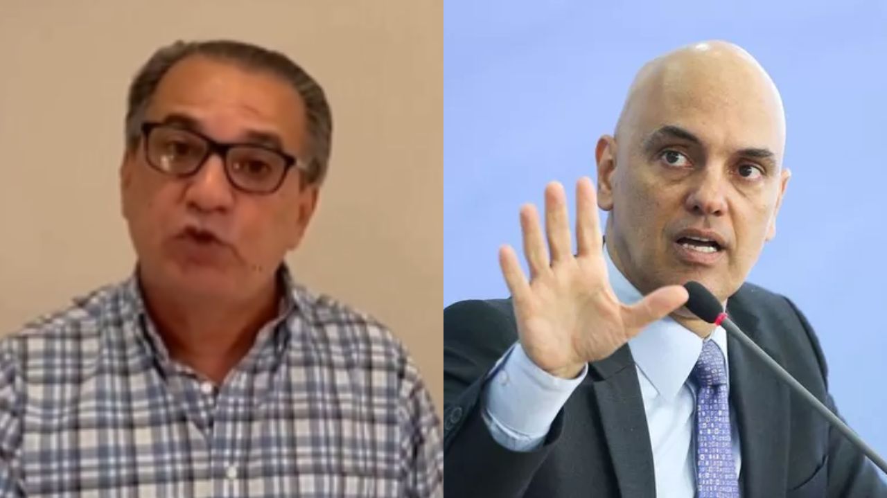 Montagem de fotos de Silas Malafaia e Alexandre de Moraes falando