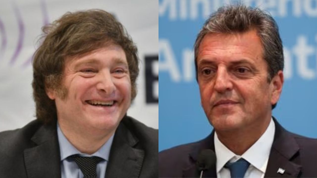 Montagem de fotos de Javier Milei sorrindo e Sergio Massa sério