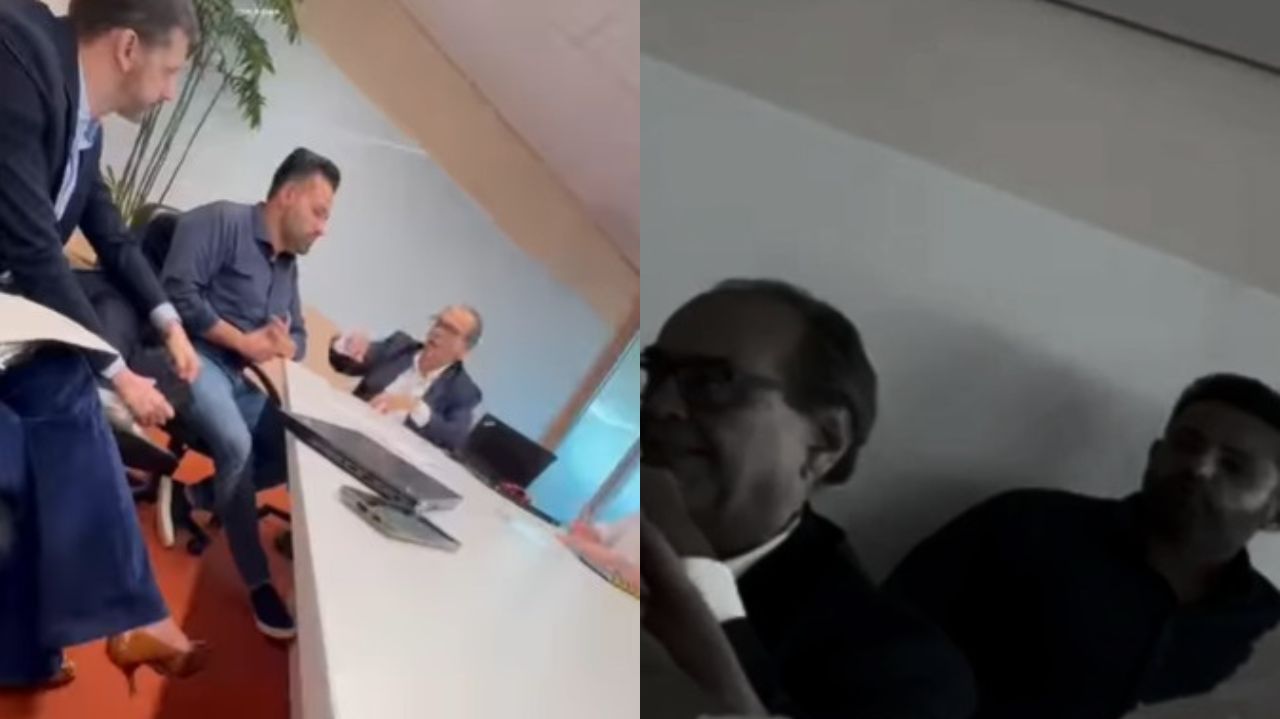 Montagem de fotos de reunião com luz acesa e apagada